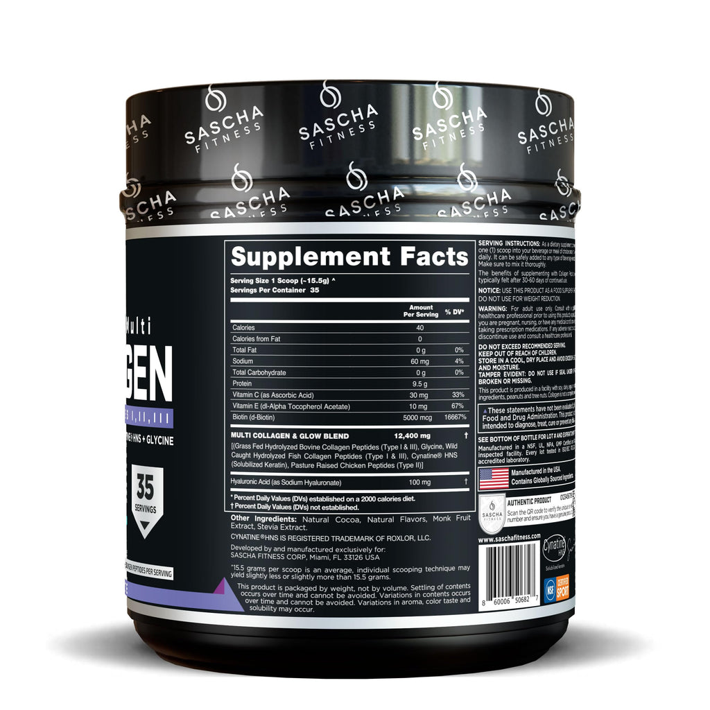 SASCHA FITNESS Hydrolyzed Multi Collagen Peptides Tipes 1,2 & 3 |Hyaluronic Acid|Biotin Cynatine HSN|Vitamin C & E |for Hairs, Skin & Bone Support|Chocolate Flavor