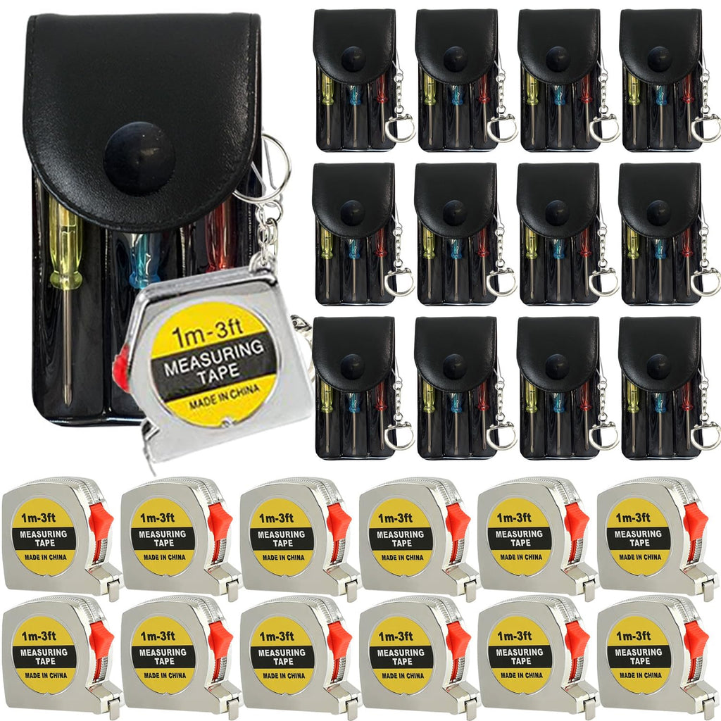 24 Pcs Mini Screwdriver Keychain Tape Measure Keychains Set Keychain Tape Measure Mini Screwdrivers in Pouch Keychain for Birthday Party Favors ，Adult Tool Party Prize for Father's Men Gifts