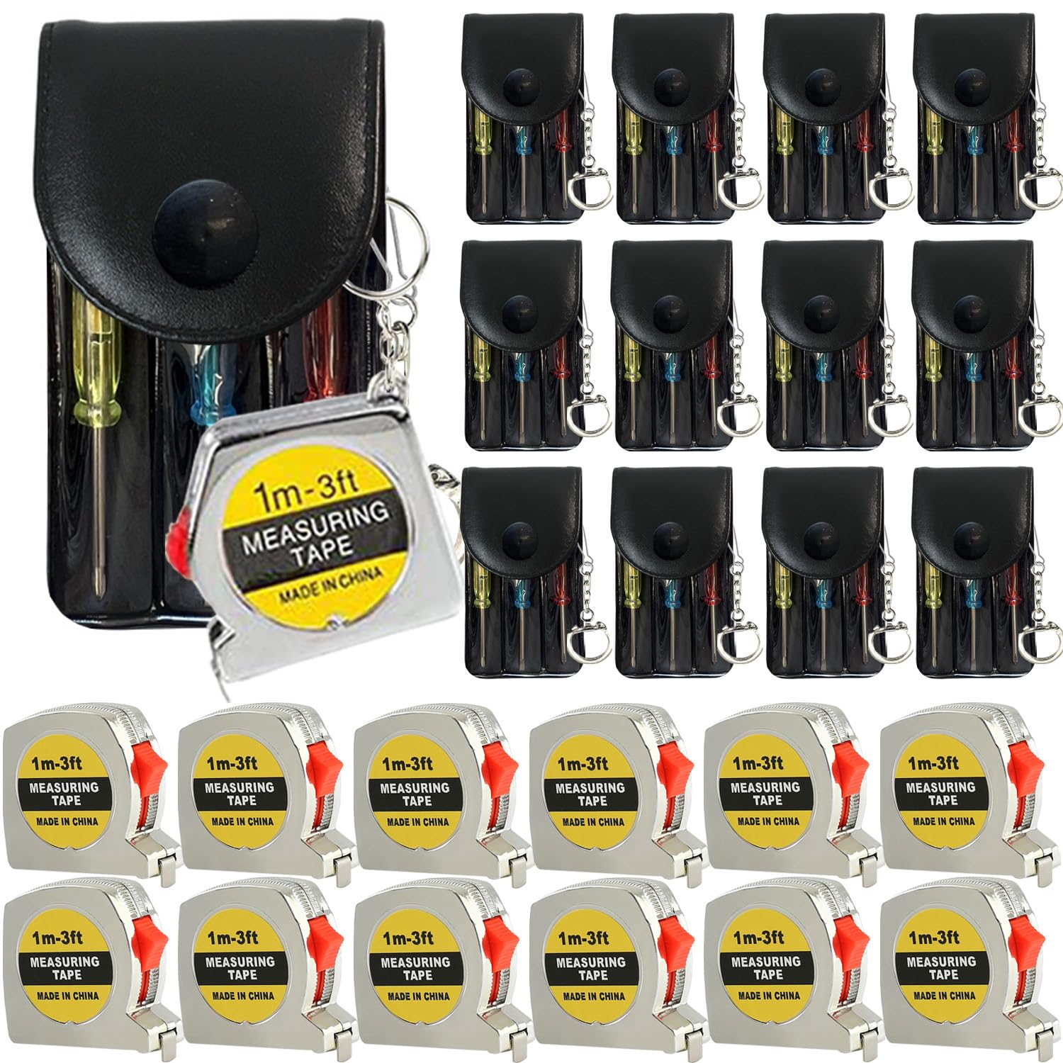 24 Pcs Mini Screwdriver Keychain Tape Measure Keychains Set Keychain Tape Measure Mini Screwdrivers in Pouch Keychain for Birthday Party Favors ，Adult Tool Party Prize for Father's Men Gifts