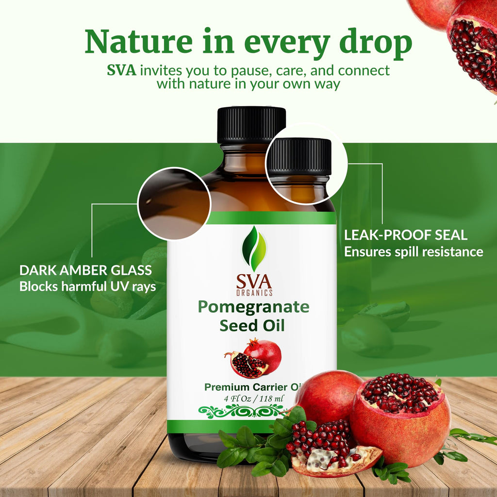 SVA Pomegranate Seed Organic - 4 Fl Oz – 100% Natural Cold Pressed Organic Pomegranate Oil - for Face, Skin Care, Hair Care, Scalp Massage & Body Massage – Carrier Oil with Dropper