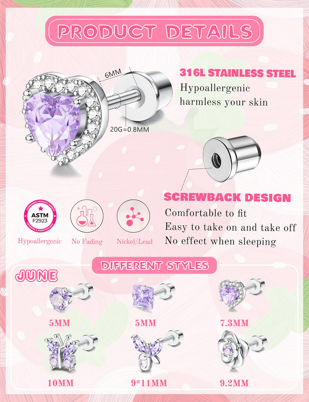 THUNARAZ Hypoallergenic Stud Earrings for Girls Women Birthstone Earrings