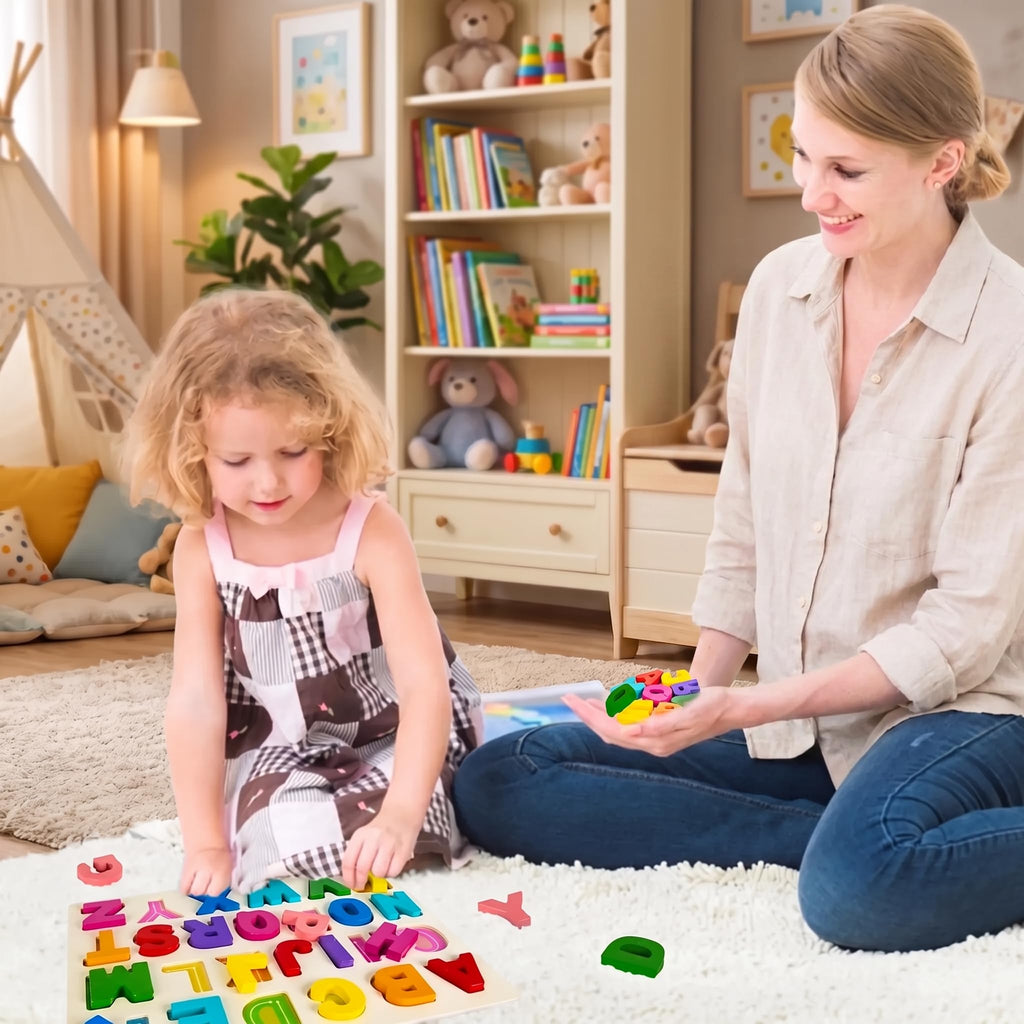 Attmu Wooden Puzzles for Toddlers, 2 Pcs Alphabet ABC Shape Number Puzzle