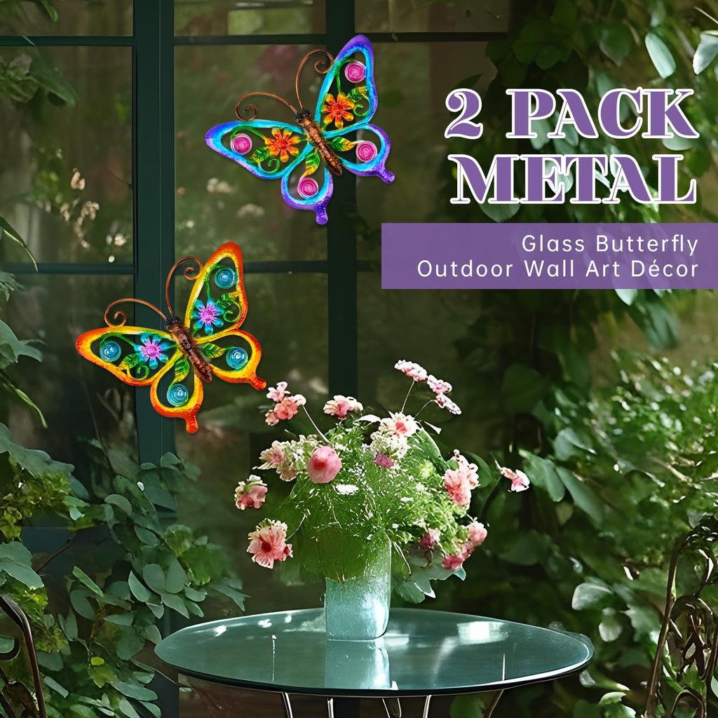 YIWEMON 2 Pack Metal/Glass Butterfly Wall Decor, 14.2" Outdoor Fence Wall Art Decor, Wall Sculpture Hanging Decoration Perfect for Garden Yard Living Room Bedroom Patio Balcony