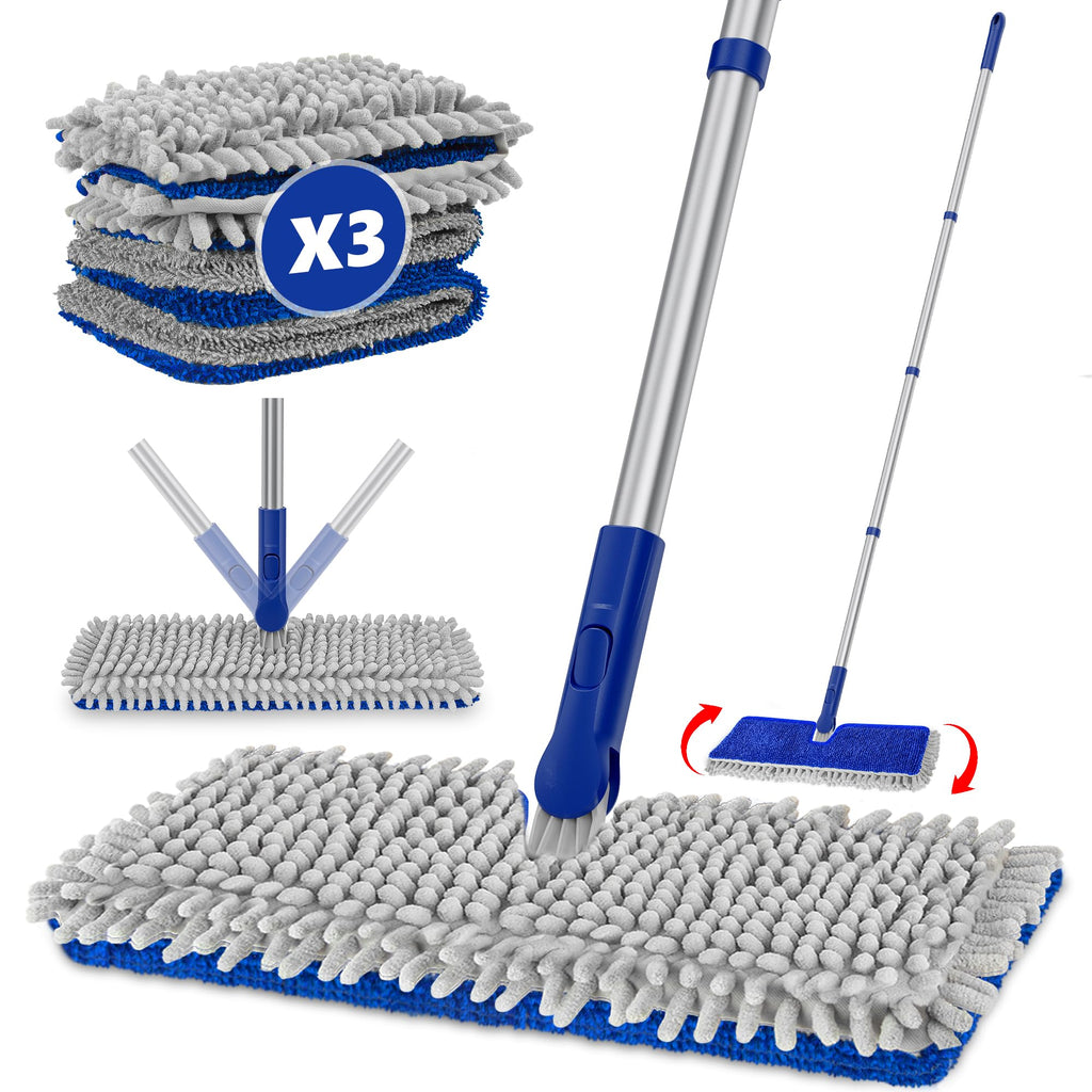 Enspoway 2-Sided Microfiber Dust Mop: Dry Flat Wall Mop for Hardwood Floors with 3 Reusable Pads Reversible Head for Apartment Kitchen Tile Laminate Pet Hair Cleaning