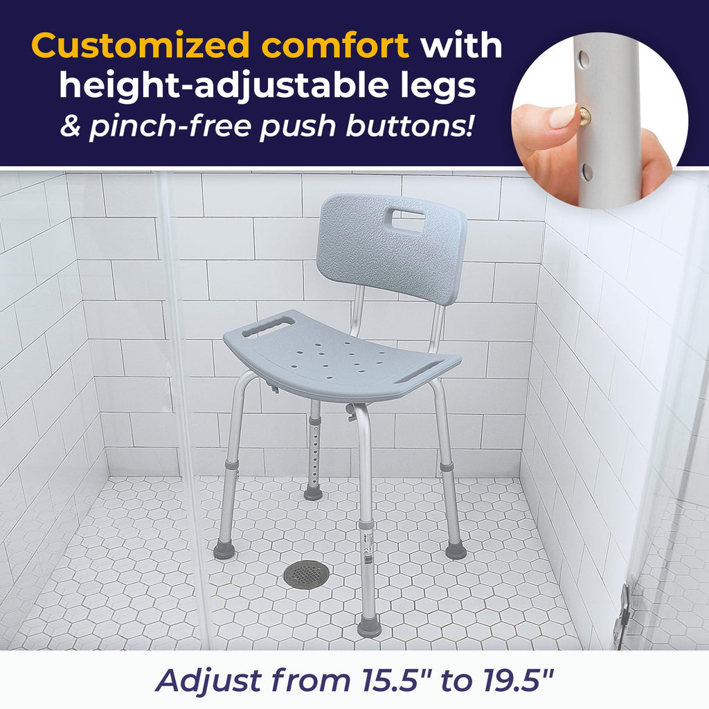 Drive Medical Shower Chair with Back - Adjustable Bathroom Bench - Suction Feet - Lightweight Durable Construction - Comfortable Contoured Seat - Grey