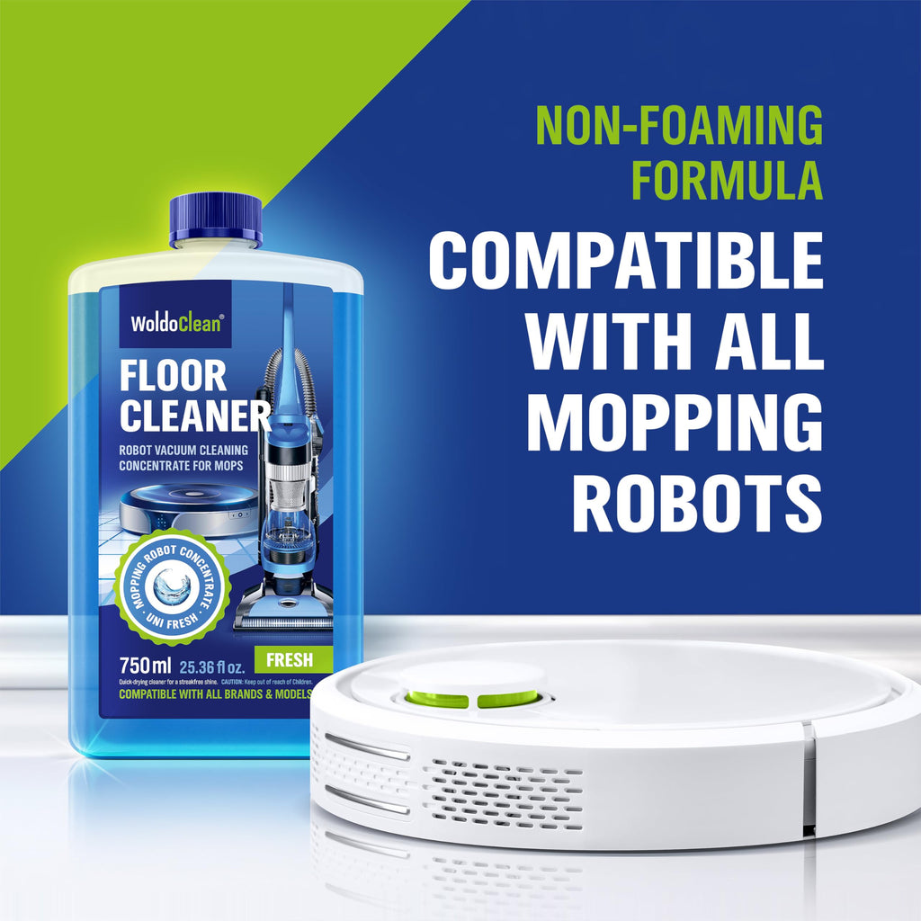 WoldoClean Floor Cleaner Solution for Robot Mops 25.36 fl.oz - Anti-Clog Formula Compatible with Roborock, Dreame, Roomba, Tineco, Professional Low-Foam Concentrate
