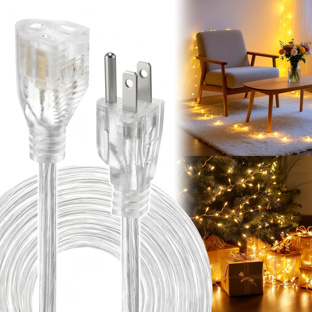 3 Prong Clear Extension Cord - 15 FT Male to Female Invisible Indoor Power Cable, UL-Certified, 3 x 18 AWG 250V 6A