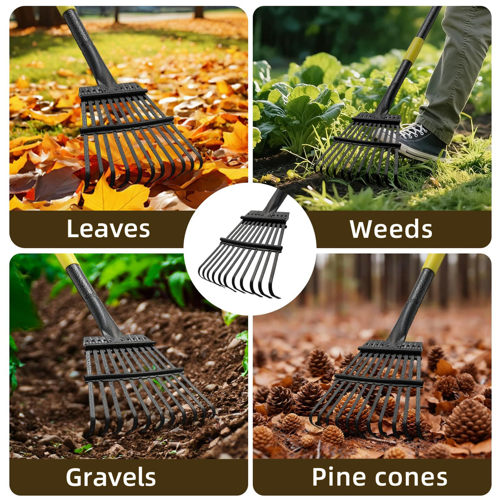 Leaf Rake, Small Rake for Leaves with 30"-60" Adjustable Long Handle, 11 Tines 8.5" Wide, Metal Rakes Heavy Duty for Lawns, Gardening, Yard, Camping, Shrub, Grass, Bush, Weed, Debris