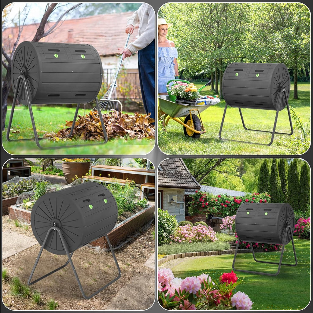 PatioZen Dual Chamber Tumbling Composter 45 Gallon Large Outdoor Tumbling Composter Efficient Batch Composting Easy Turn Design (Black,45 Gal)