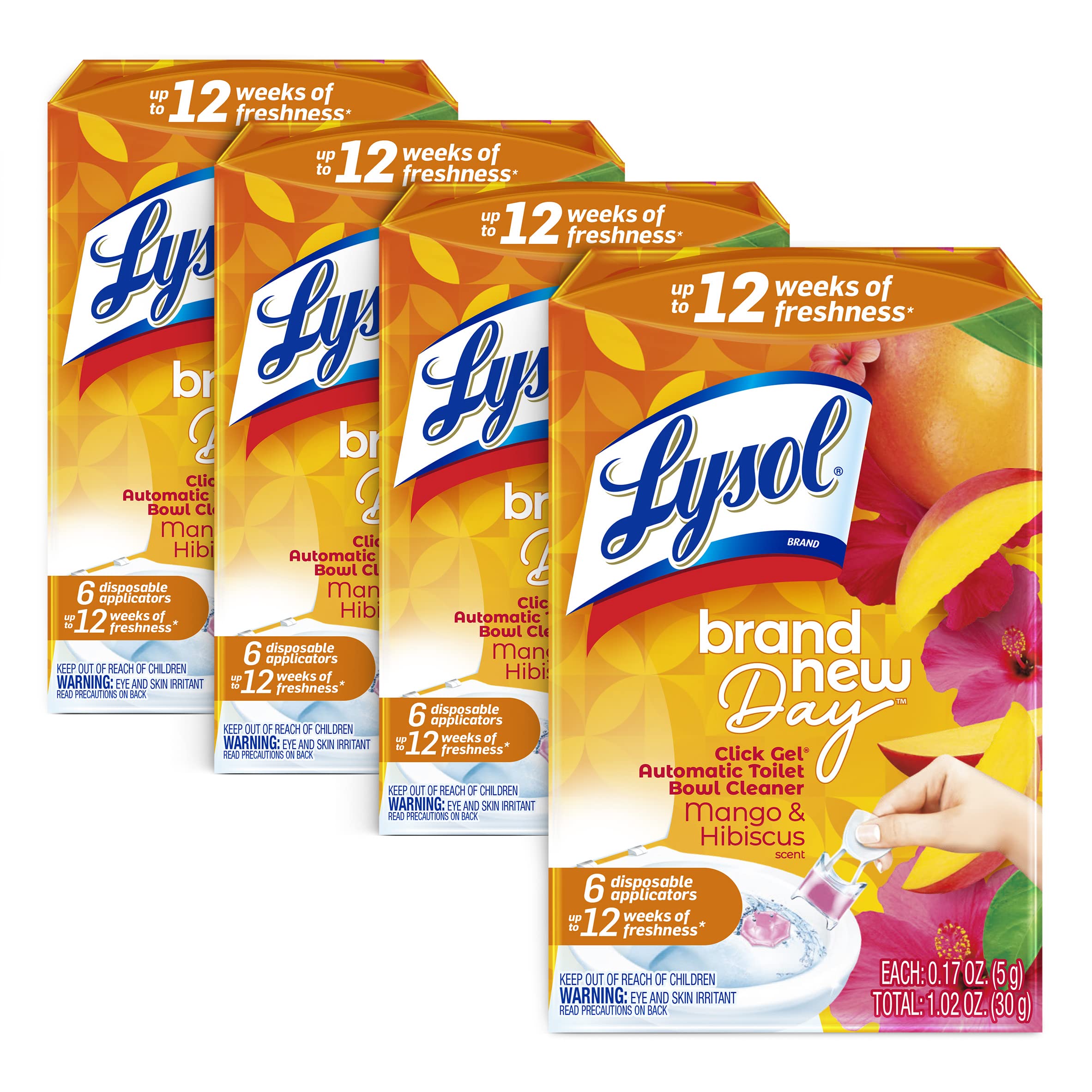Lysol Click Gel Automatic Toilet Bowl Cleaner, Gel Toilet Bowl Cleaner, For Cleaning and Refreshing – Mango & Hibiscus, 6 applicators (Pack of 4, 24 Count Total)