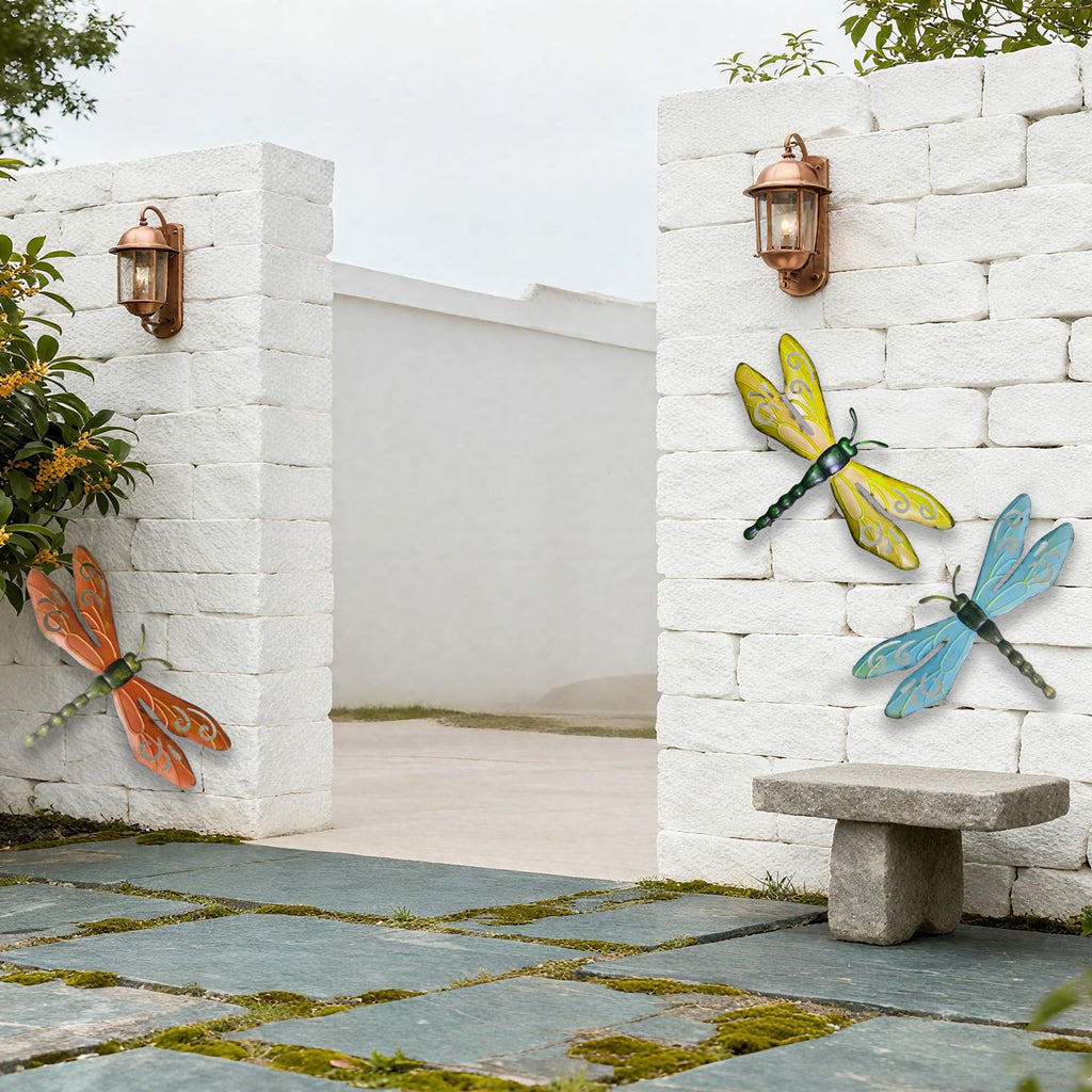 PLASUPPY Metal Dragonfly Wall Decor Outdoor Garden Fence Art Hanging Decorations for Patio, Yard, Indoor Home, Living Room, Bedroom, 3 Pack (Large)