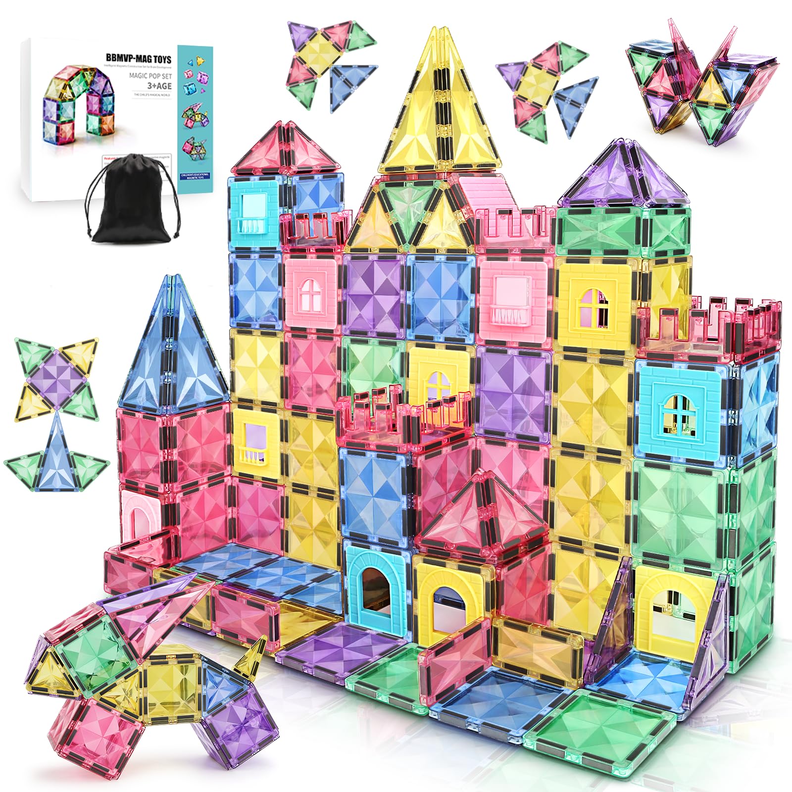 ROMDS Magnetic Tiles, Magnetic Building Blocks for Kids Ages 3+ and STEM Magnet Toys, Clear Magnet 3D Blocks Construction Playboards for Boys & Girls, Sensory Play for Preschool Learning(120 pcs)