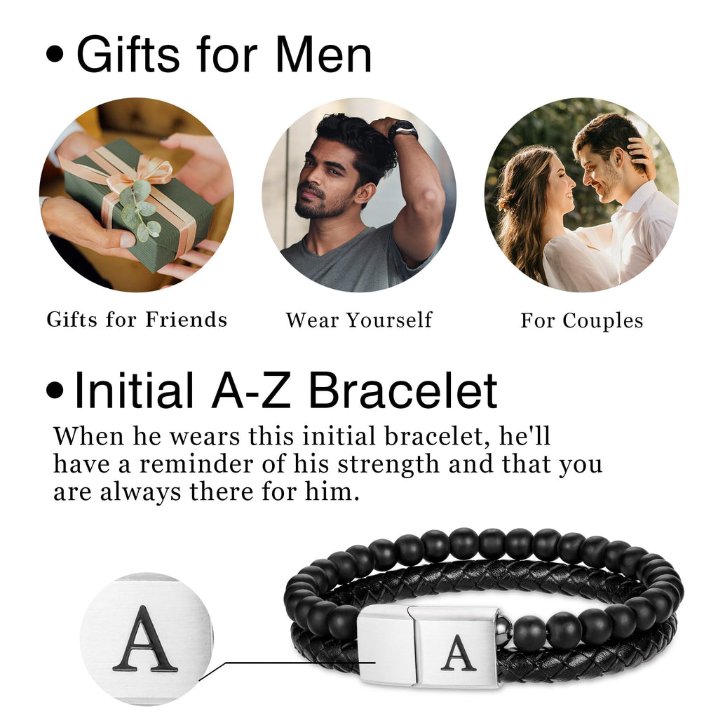 LUXEJEW Mens Bracelet - Leather Beaded Bracelets for Men Matte Agate Beads J Initial Bracelet for Mens Jewelry Fathers Day Ideas Gifts for Grandpa Dad Son Birthday Gifts for Men Husband Boyfriend