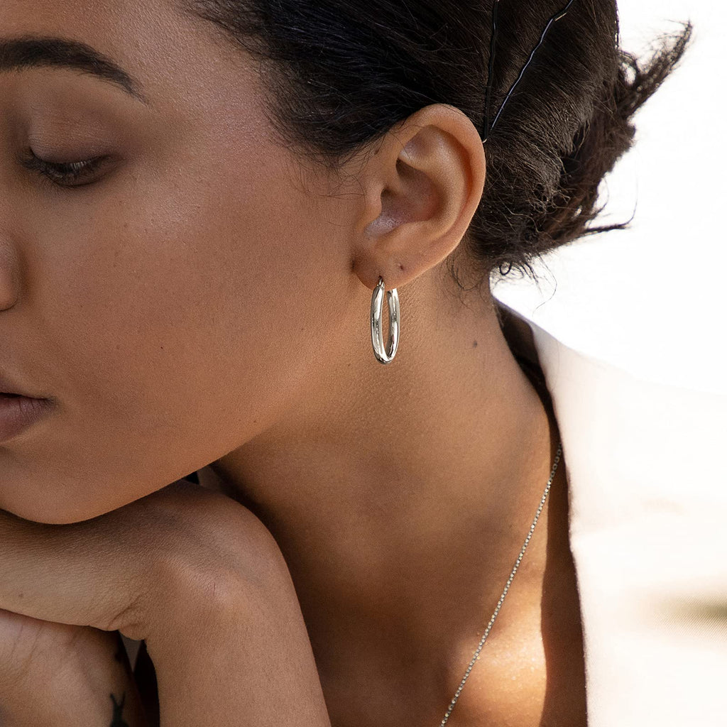 SWEETV Sterling Silver Post Earrings Chunky Hoop Earrings for Women 25MM Polished Huggie Earrings for Sensitive Ears