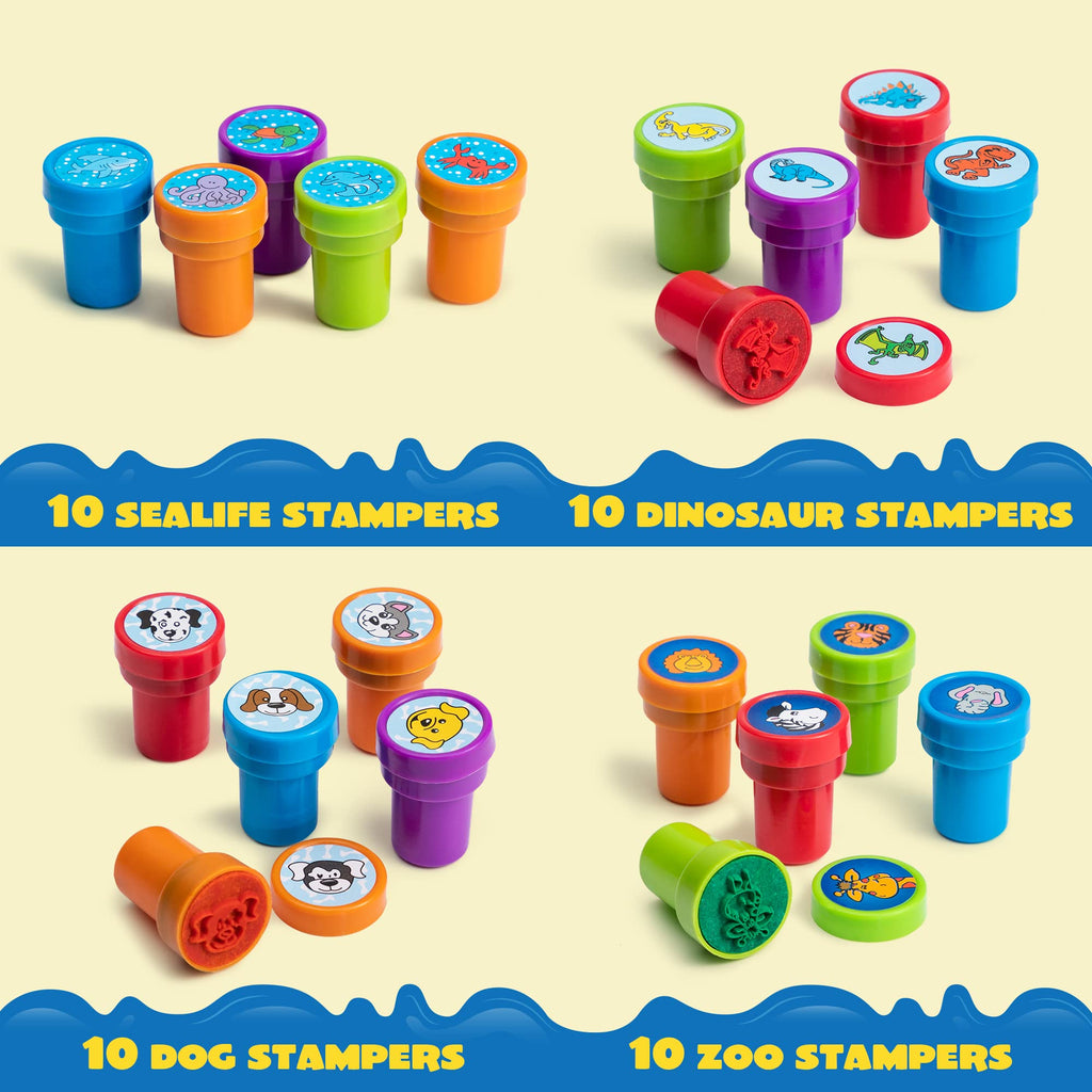 JOYIN 100PCS Assorted Stamps for Kids Self-Ink for Party Favor, Teacher Stamps, Kids Treasure Box, Prize for Classroom, Birthday School Stuffers (50 Designs, Dinosaur, Halloween Stampers)