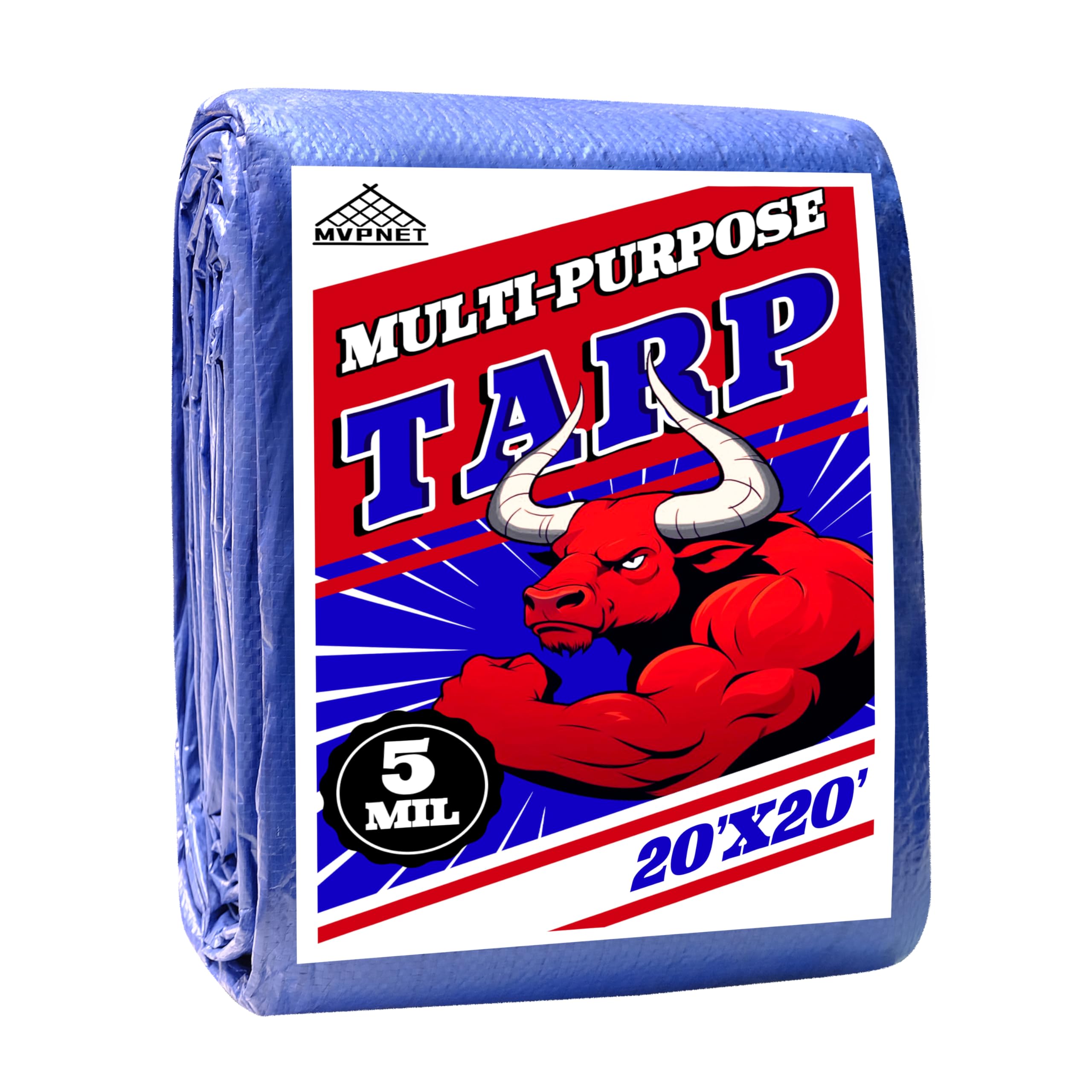Tarp 20x20 ft 100% Waterproof Uv Resistant High Durability Multipurpose 5mil Blue Tarp for Covering Courtyards, Cars, Camping, Gardens, Pet Nests -by MVPNET