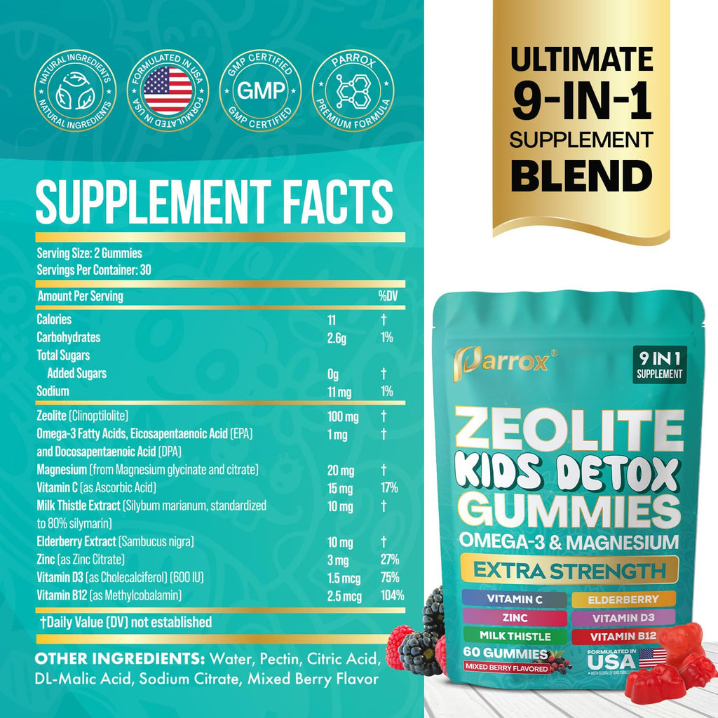 Parrox Zeolite Kids Detox Gummies, 9-in-1 Extra Strength with Zeolite, Omega-3, Magnesium, Elderberry, Vitamin C, Milk Thistle, Vitamin D3, Zinc, B12 – Sugar-Free (Mixed Berry Flavor - 2 Pack)