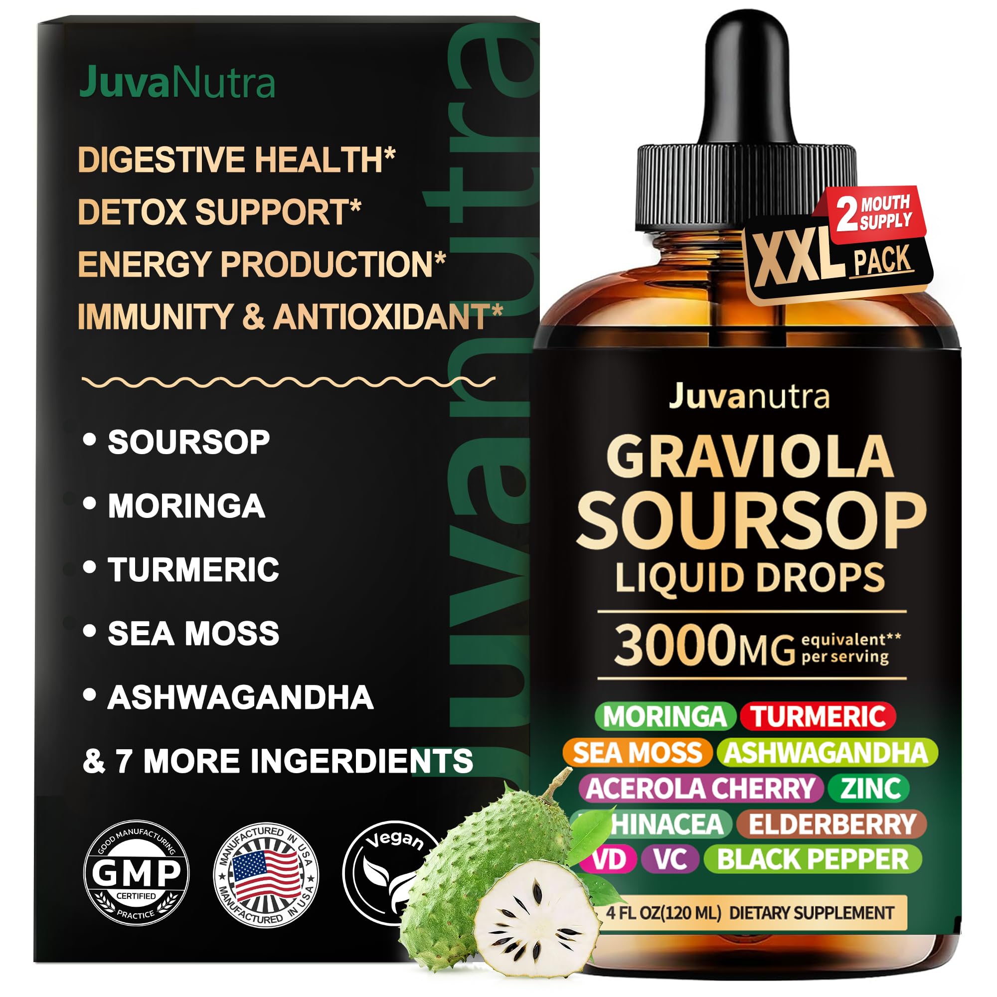 JuvaNutra Soursop Bitters Liquid Drops 12 in 1 with Sea Moss, Moringa, Turmeric, Echinacea & Ashwagandha Extract - Herbal Tonic for Digestive Wellness & Immune Support - 4 Fl Oz