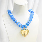 WOWORAMA Chunky Heart Necklace for Women Light Blue Resin Beaded Necklaces with Puffy Heart Pendant Chunky Statement Necklace Boho Trendy Summer Jewelry