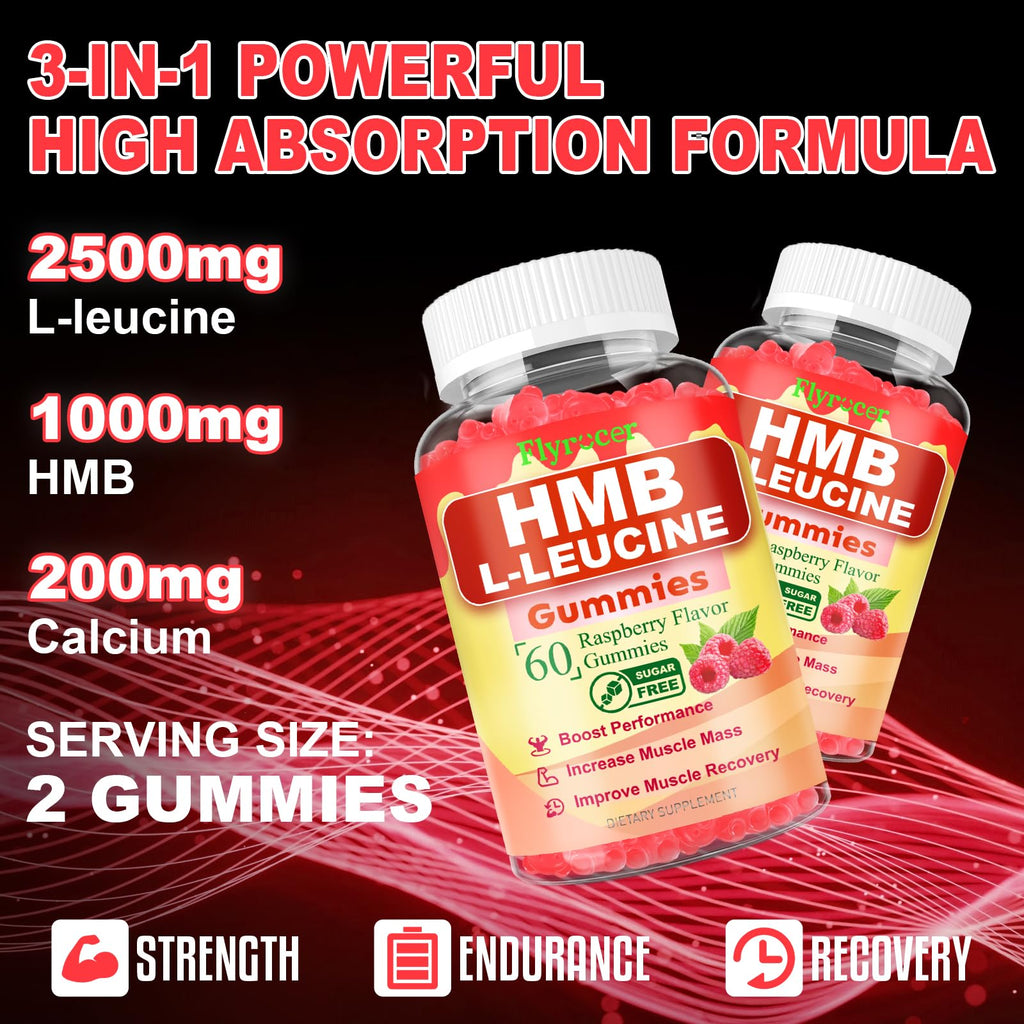 Flyrocer 2 Pack HMB and L-Leucine Gummies, HMB and Leucine for Muscle Growth, Muscle Relief, for Men & Women, Vegan, Sugar-Free, Raspberry Flavor, 120 Count