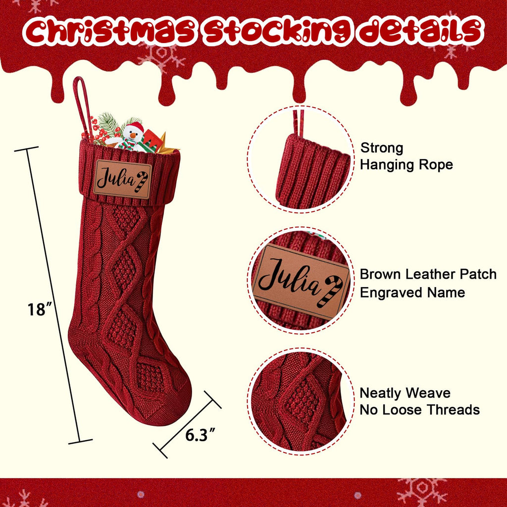 Dreamdecor Personalized Christmas Stockings with Names Monogram, 18��� Large Family Knitted Xmas Stocking with Leather Nameplate for Kids, 4 Pack Customized Christmas Stockings for Fireplace Holiday