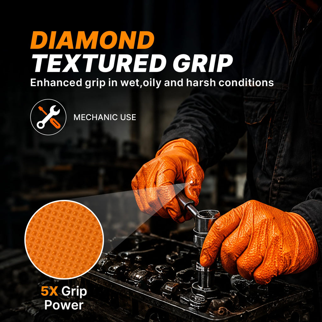 TitanFlex Heavy Duty Industrial Orange Nitrile Gloves, 8-mil, Gloves Disposable Latex Free with Raised Diamond Texture Grip, Powder Free, Rubber Glove, Mechanic Gloves,100-ct Box (XL)