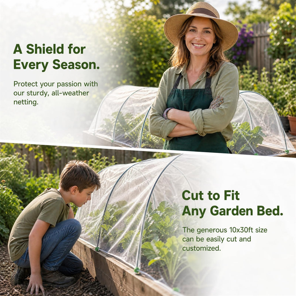 Garden Netting Kit, 10x30FT Ultra Fine Garden Mesh Netting with 6 Sets Garden Hoops, Insect Netting for Garden Protection Plant Covers, Garden Netting for Raised Beds Plant Fruit Flowers Protection