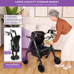 Heavy Duty Rollator Walker for Seniors with Seat, Foldable 2 in 1 Rolling Walkers Wheelchair Combo for Adult, All Terrain Wheels, Adjustable Transport Chair with Brake, 450 lb. Weight Capacity, Grey