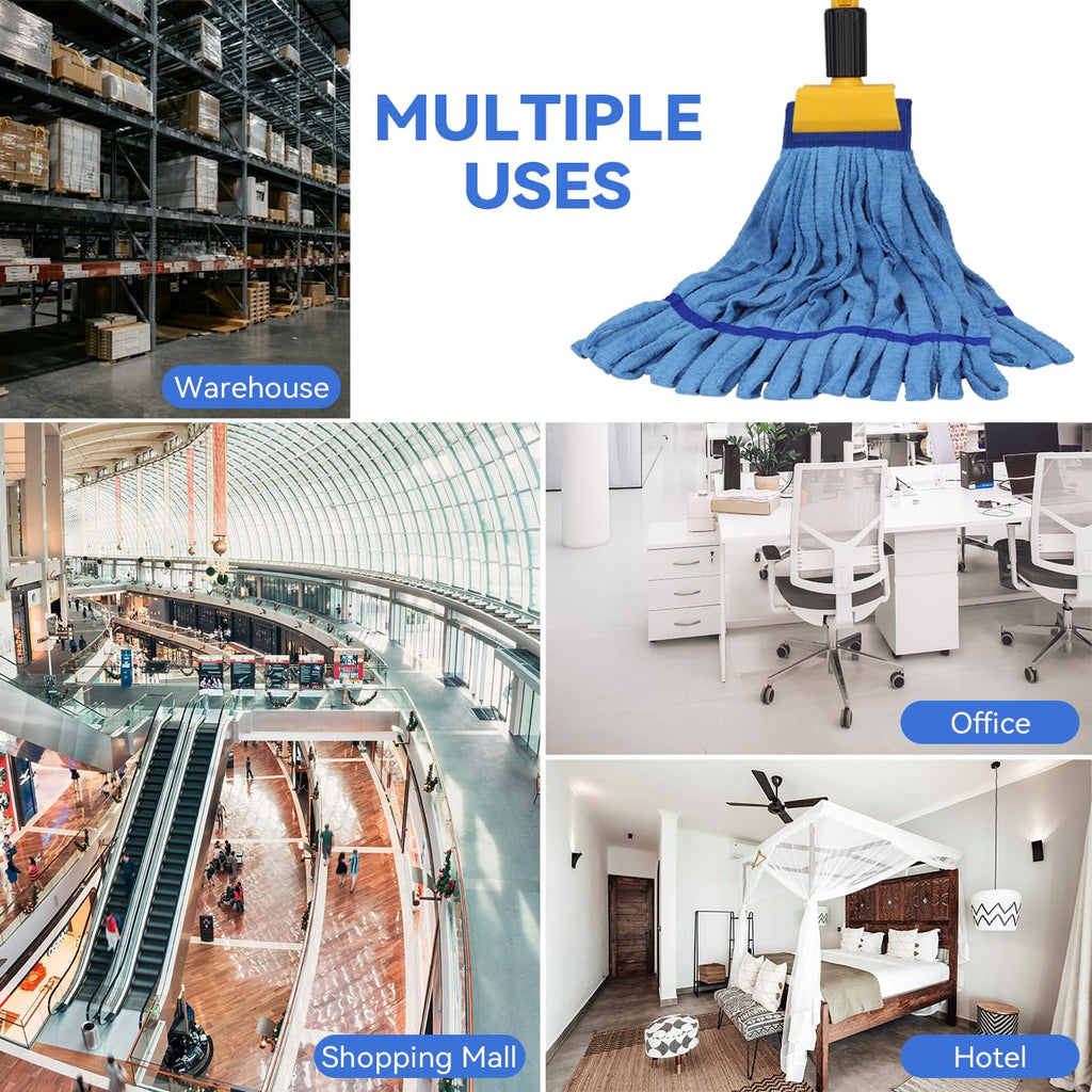 Heavy Duty Commercial Mop Head Replacement Microfiber Tube Mop Heads for Floor Cleaning: 3 Packs Looped End Wet Mop Head Refill for Home Commercial Industrial Use (Blue)