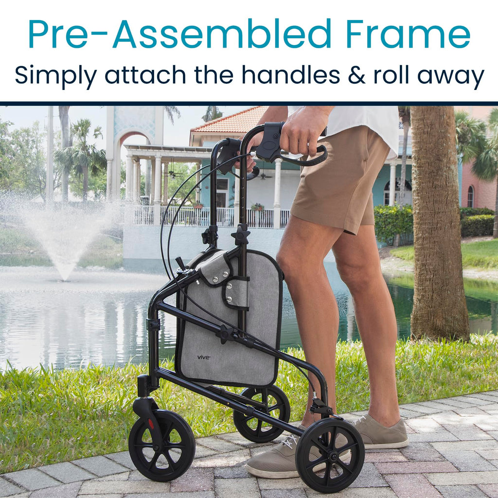 Vive Mobility 3 Wheel Walker - Three Wheeled Rollator for Seniors - Lightweight, Foldable, Narrow, Heavy Duty - for Elderly Men Women - Folding 3-Wheel Tri Scooter with Basket Bag