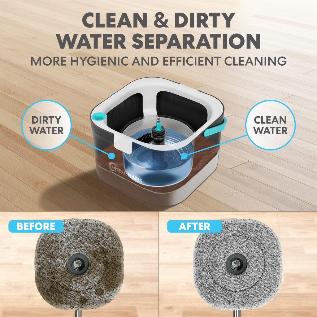 Simpli-Magic 360° Square Spin Mop and Bucket System – Dual Compartment, Separate Clean & Dirty Water – 3 High-Absorbent Microfiber Washable Heads – All Types Floor Cleaning