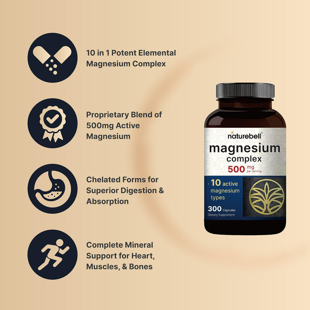 Magnesium Complex 500mg, 300 Capsules | 10-in-1 Magnesium Glycinate, Citrate, Malate & More | Chelated Form for Easy Absorption | Non-GMO
