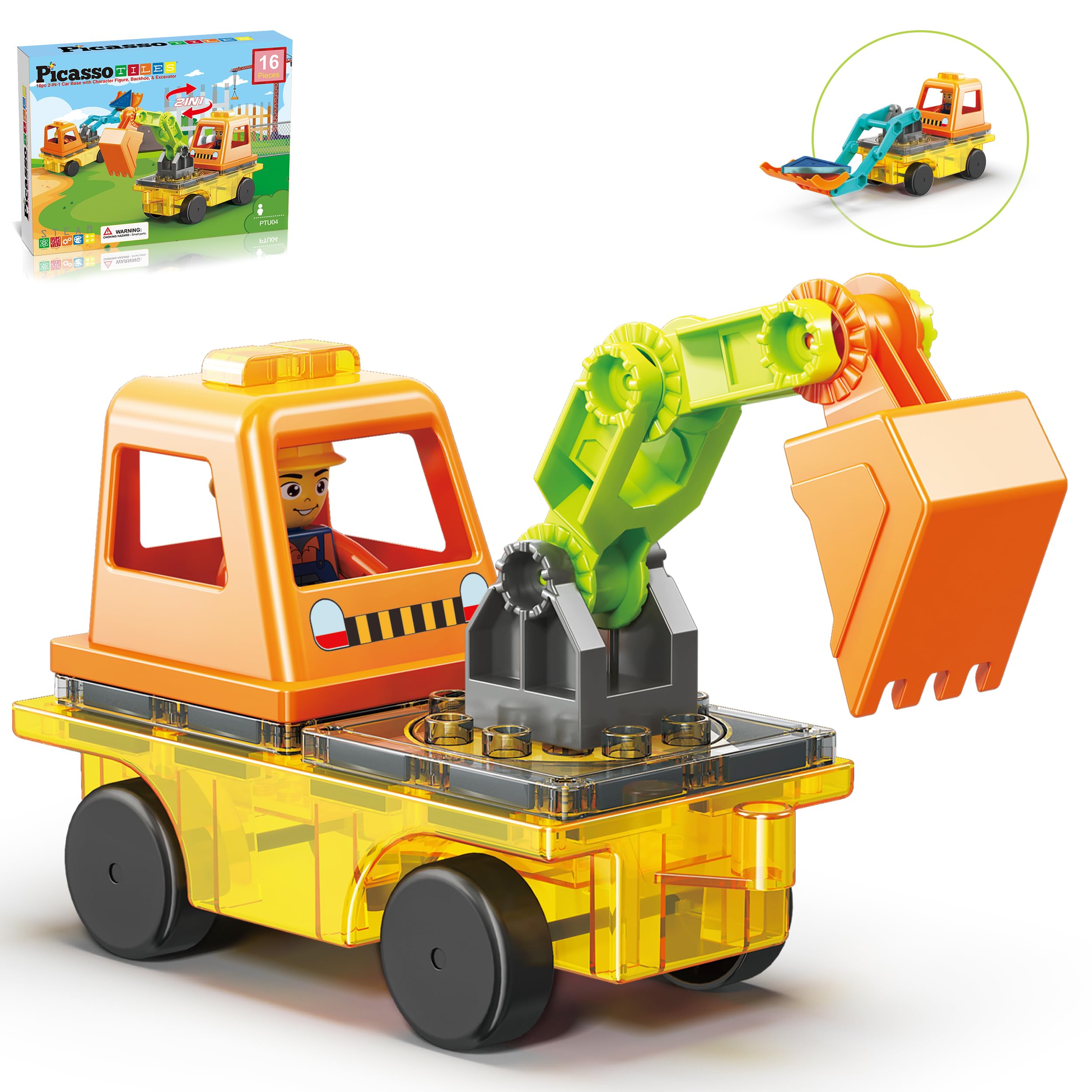 PicassoTiles Magnet Tiles Building Block 2-in-1 Excavator & Backhoe Brick Compatible Construction Playset with Car Base Magnetic Character Action Figure STEM Educational Learning Toy Kit Age 3+ PTU04