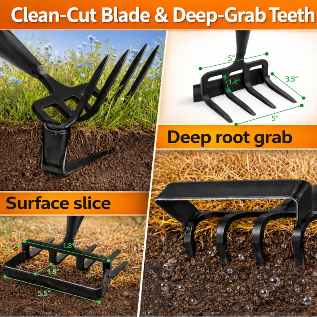 Garden Hoe with Cultivator Rake, 2-in-1 Heavy Duty Action Stirrup Hoe with Sharp Blade,60" Adjustable Long Handle Loop Scuffle Hoe for Fast Weeding, Loosening Soil, Aerating and Mixing Compost