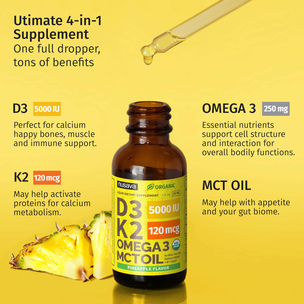 (2 Pack) Organic Vitamin D3 K2 Drops with MCT Oil Omega 3, Maximum Strength Vitamin D Liquid 5000 IU, No Fillers, Non-GMO Liquid D3 for Faster Absorption and Immune Support (Pineapple, 2 Fl Oz)