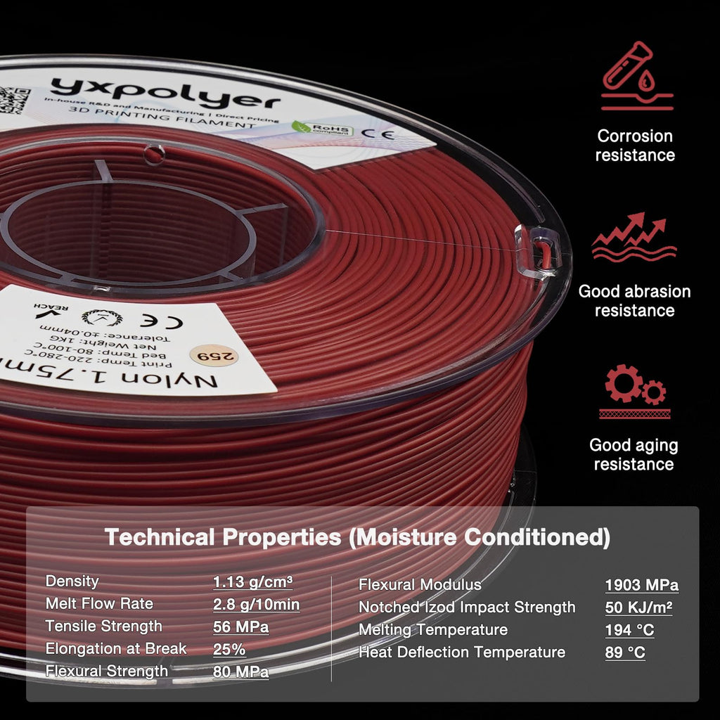 YXPOLYER Nylon Filament Red PA6 1kg 3D Printer Filament with Heat-Resistant AMS-Compatible Spool, 3D Printing Filament High-Speed Easy PA 1.75mm