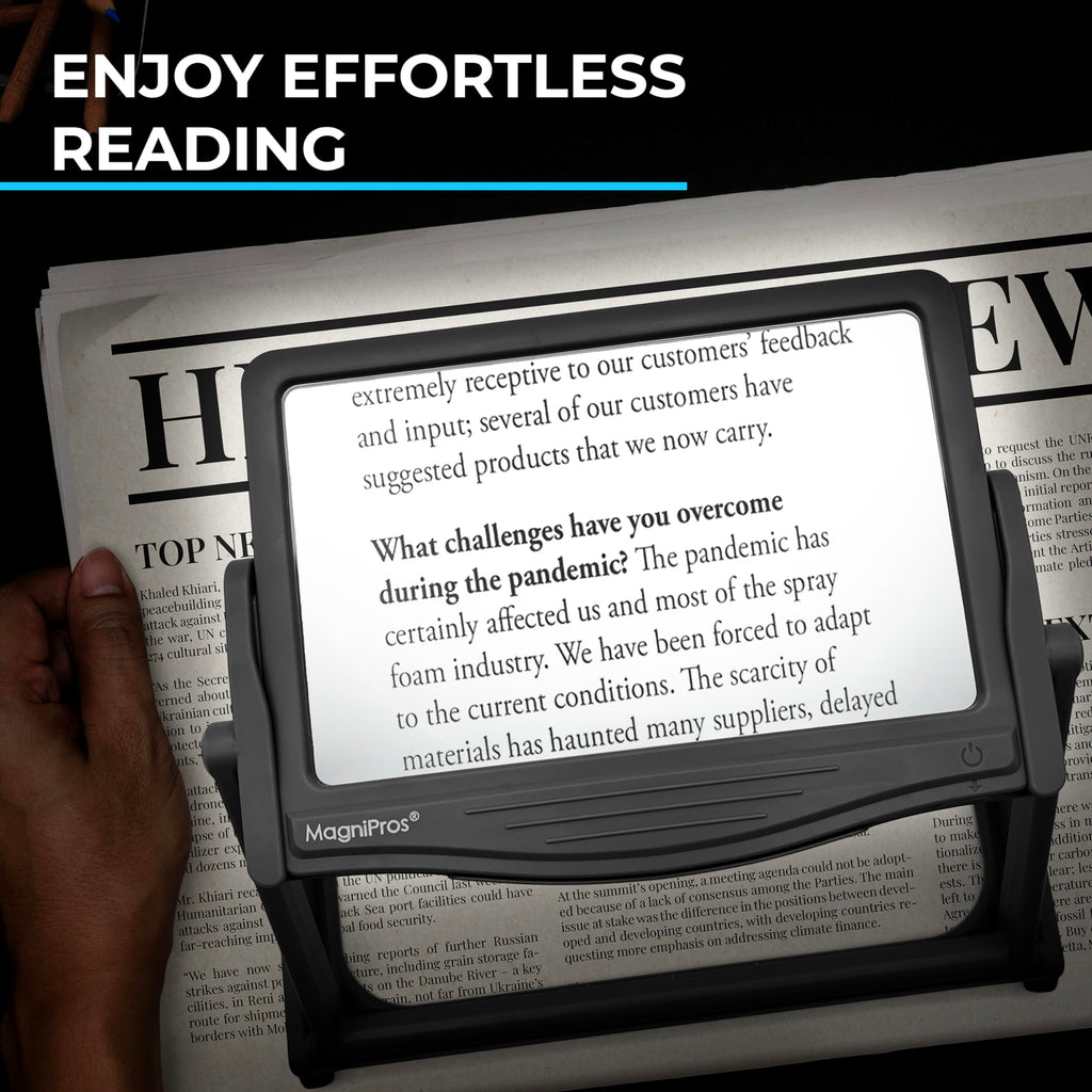 MAGNIPROS Patented 5X Large LED Page Magnifier with Detachable Stand | Eye Caring 3 Color Light Modes & Anti-Glare Lens to Reduce Eye Strain-Ideal for Reading Fine Print, Crafting, Low Vision Seniors