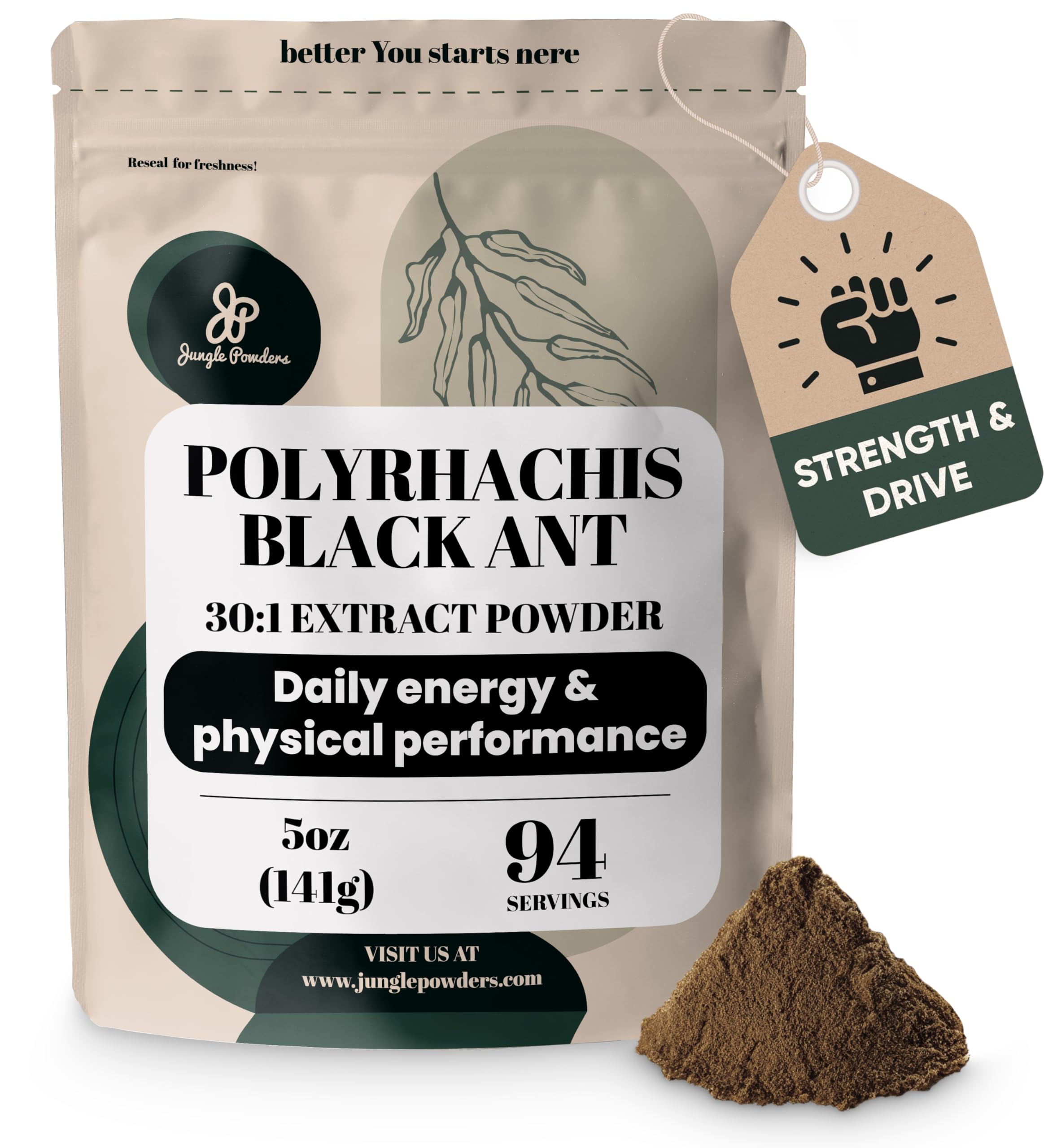 Jungle Powders Black Ant Extract Powder 30:1, 5 Ounces, 94 Servings | Pure Polyrhachis Black Ant Supplement, Changbai Mountain Ant Traditional Mens Health Support for Drive, Contains 5% Maltodextrin