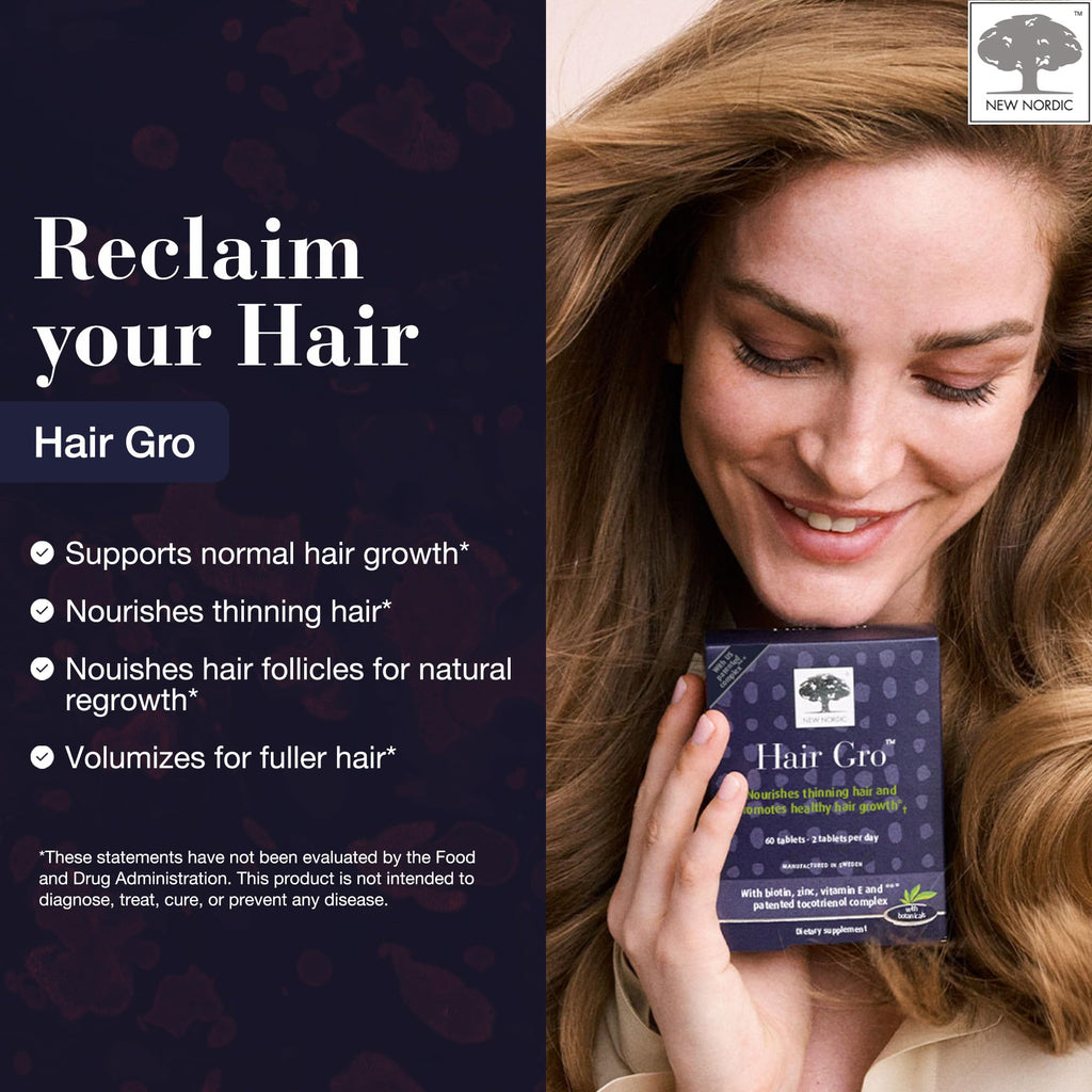 NEW NORDIC Hair Gro - Natural Hair Growth Product with Biotin, Apple Extract & Patented Tocotrienol Complex - Non-GMO, Gluten-Free & Dairy-Free - 60 Vegan Tablets (Pack of 2)