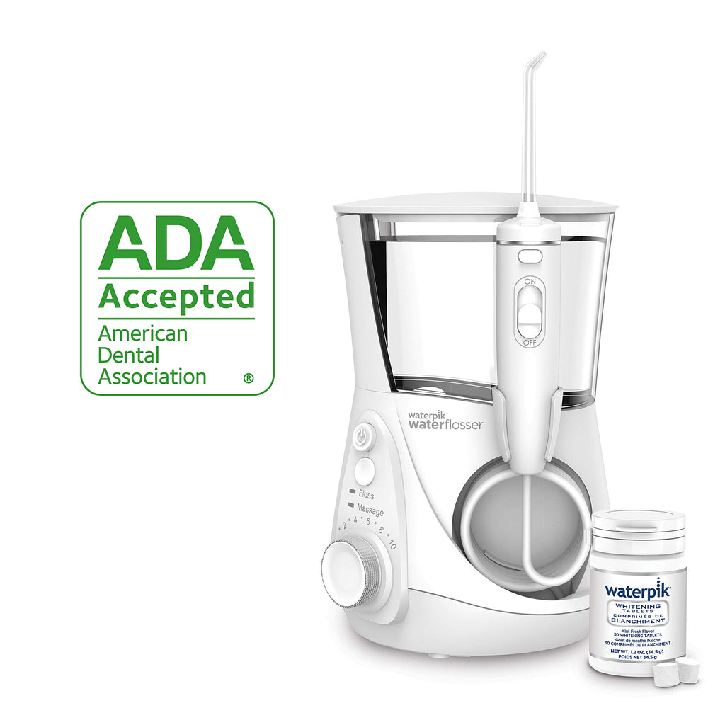 Waterpik Whitening Professional Water Flosser, Electric Power With 10 Settings, 30 Whitening Tablets, Whitens Teeth Gently, White WF-05