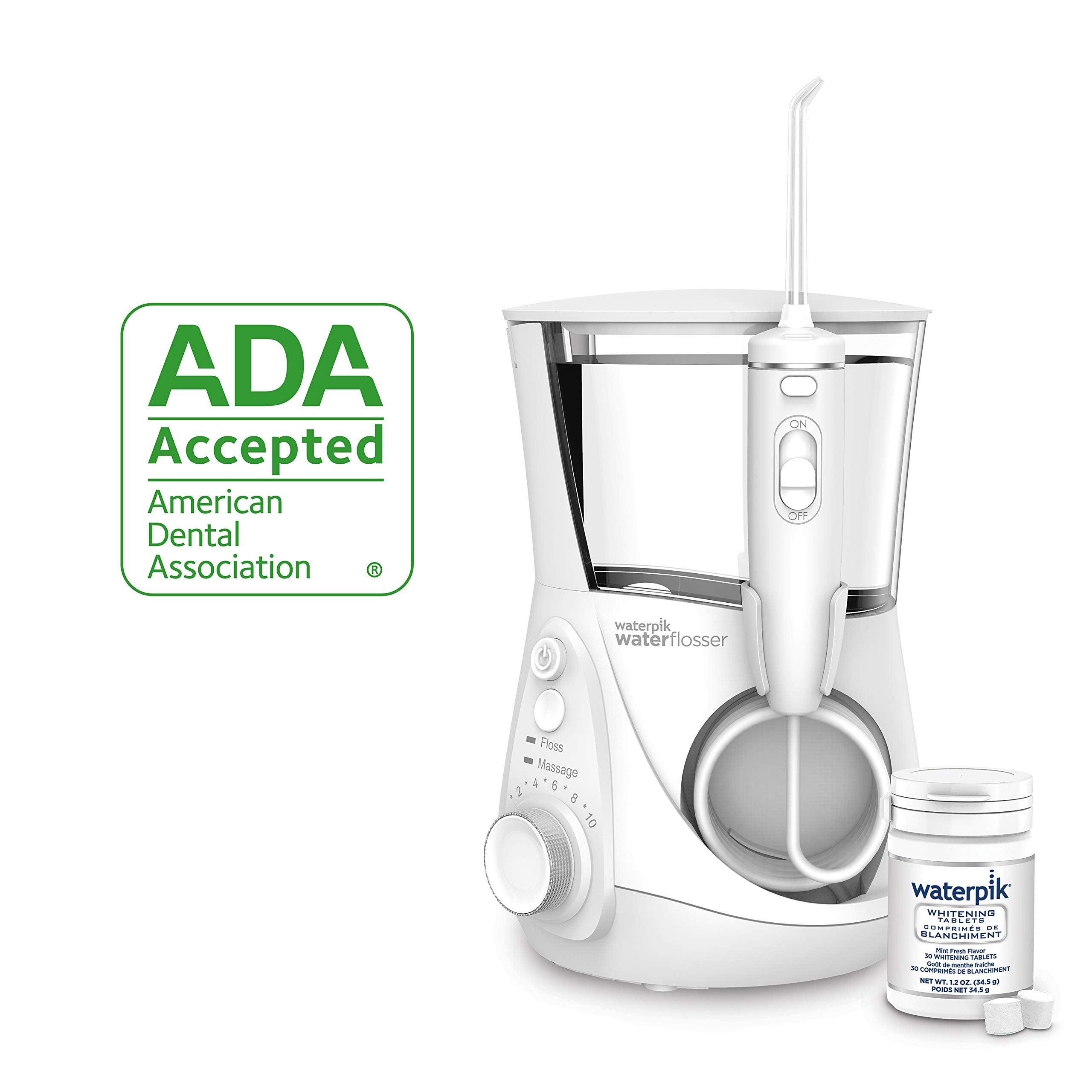 Waterpik Whitening Professional Water Flosser, Electric Power With 10 Settings, 30 Whitening Tablets, Whitens Teeth Gently, White WF-05
