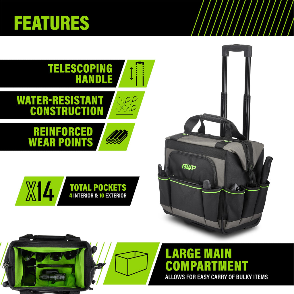 AWP Rolling Tool Bag Durable Tool Tote Water-Resistant Organizer for Professionals and Contractors, Adjustable Handle for Travel, Black | L-22814