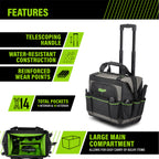 AWP Rolling Tool Bag Durable Tool Tote Water-Resistant Organizer for Professionals and Contractors, Adjustable Handle for Travel, Black | L-22814