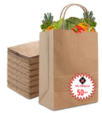 57 Lb Large Kraft Paper Grocery Bags with Handles - 50 Count 12 x 17 x 7 - Durable, Reusable & Eco-Friendly Shopping Bags, Brown Kraft Take-Out Bags for Retail, To-Go, Any Occasion (50, With Handles)