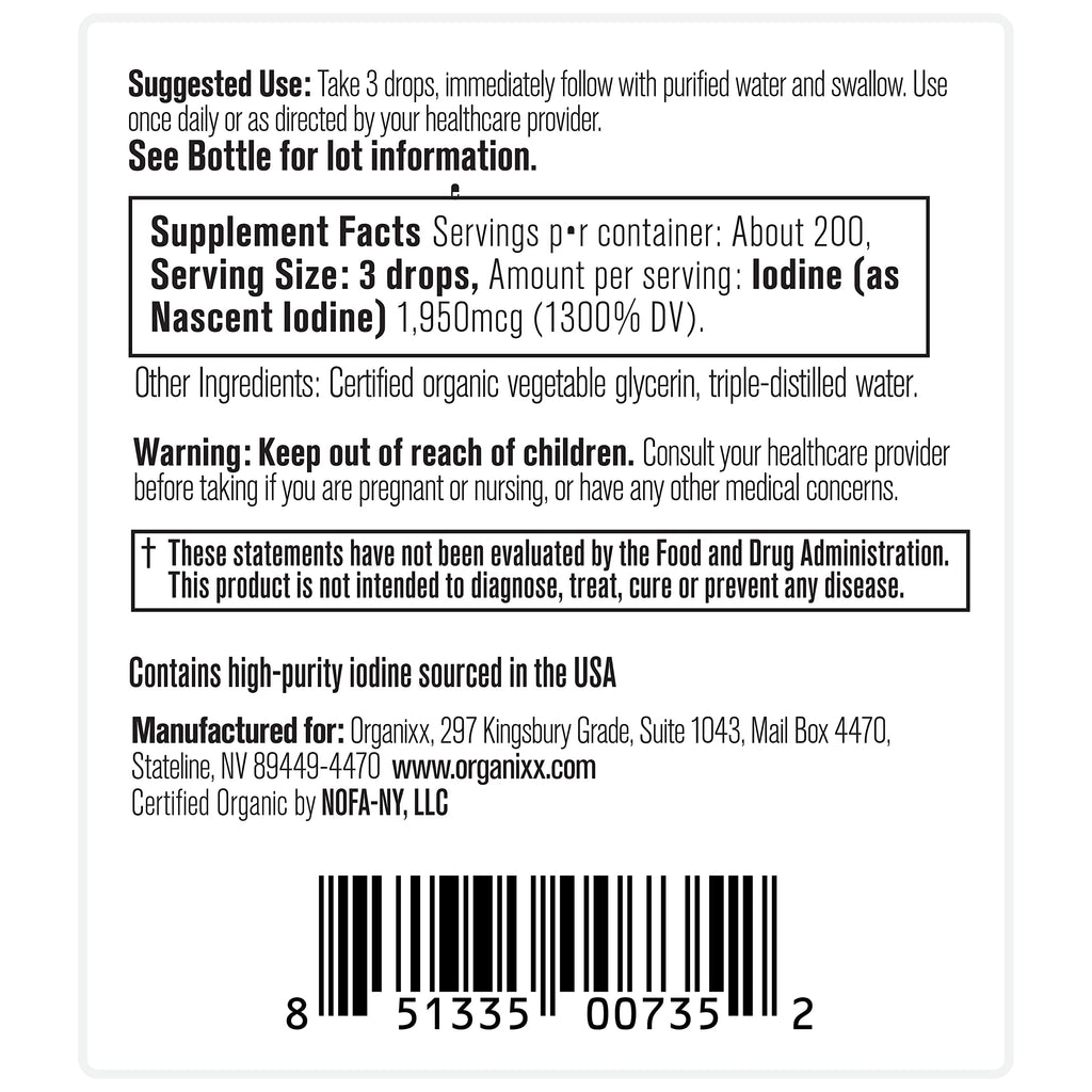 Organixx Pure Liquid Iodine Supplement Solution for Thyroid Support, Organic Drops to Support Healthy Iodine Function & Levels, Energy Levels, Hair & Skin Health, Vegan, Unflavored, 1 fl oz
