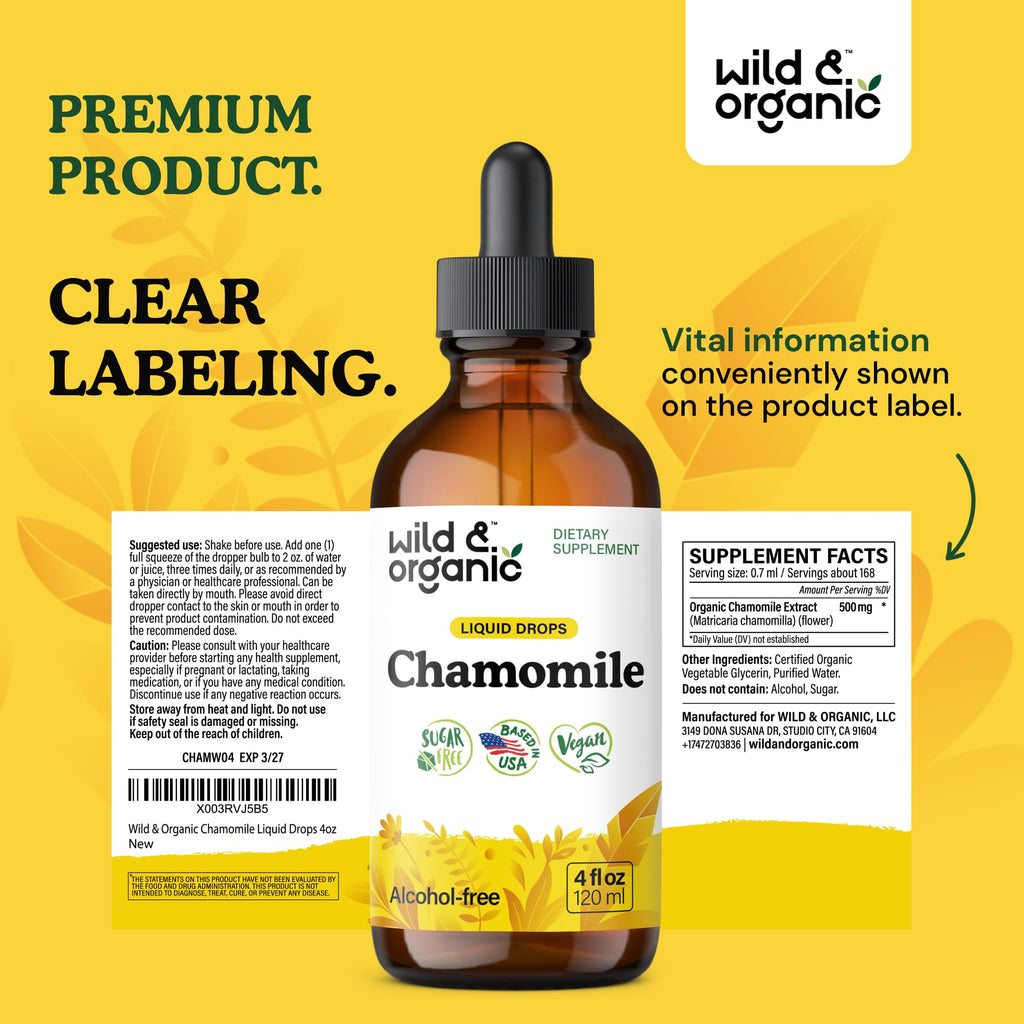 Wild & Organic Chamomile Flowers Tincture - Calming Supplement for Relaxation - Chamomile Extract Liquid Drops - Vegan, Sugar & Alcohol-Free - 4 fl oz