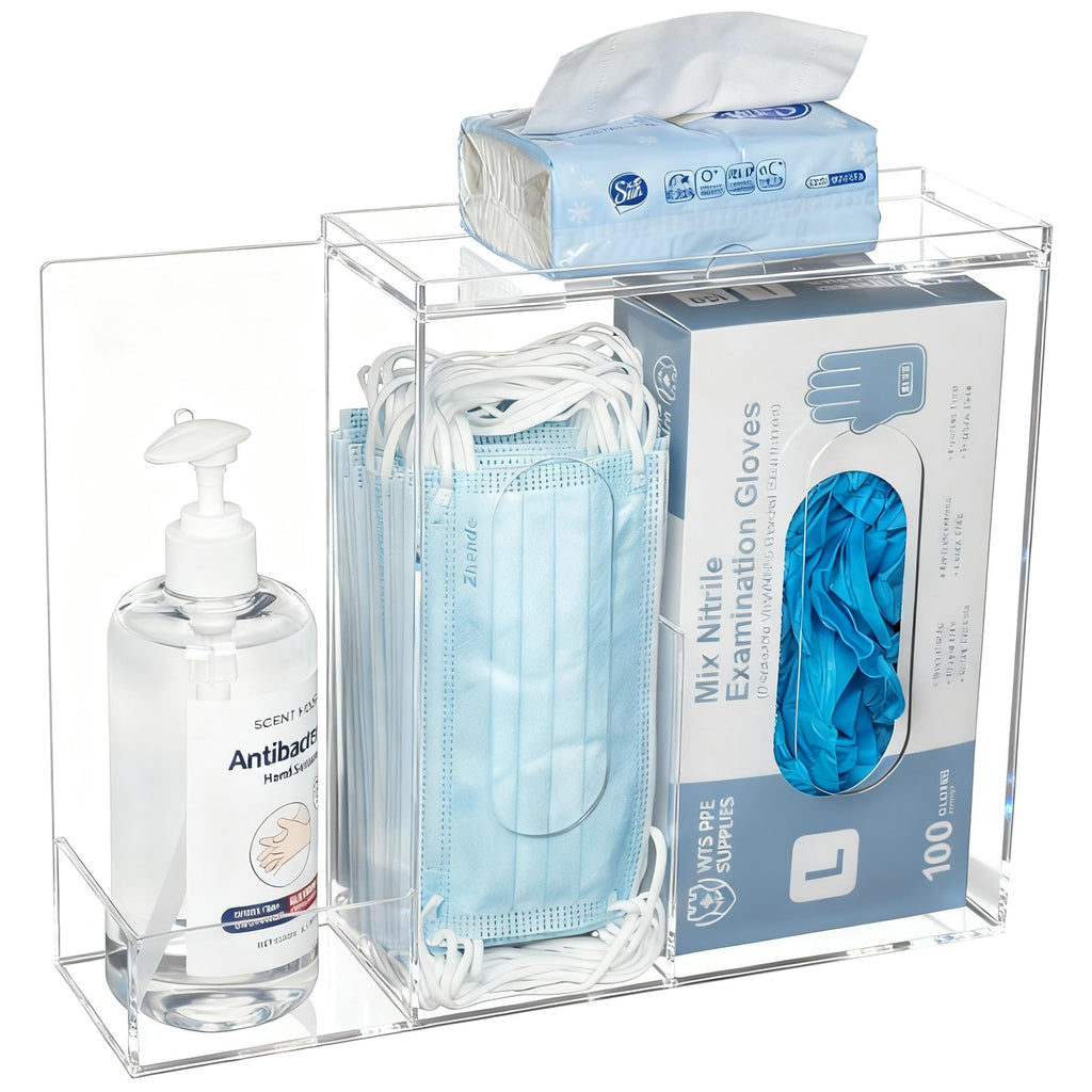 SEANADO Face Mask Dispenser 3 Compartment Acrylic Glove Box Holder Hygiene Station for Disposable Face Masks, Emesis Bag, Shoe Cover and Hairnet, Wall Mount Holes or Tabletop Holder （Clear）