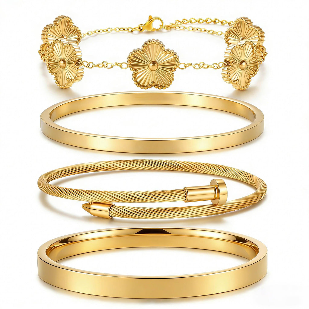 ISELBDR 18K Gold Bangle Bracelets for Women - Stackable Clover & Nail Love Bangle Set - Non-Tarnish Jewelry for Birthday Valentine's, Mother's Day & Christmas (Gold-A)