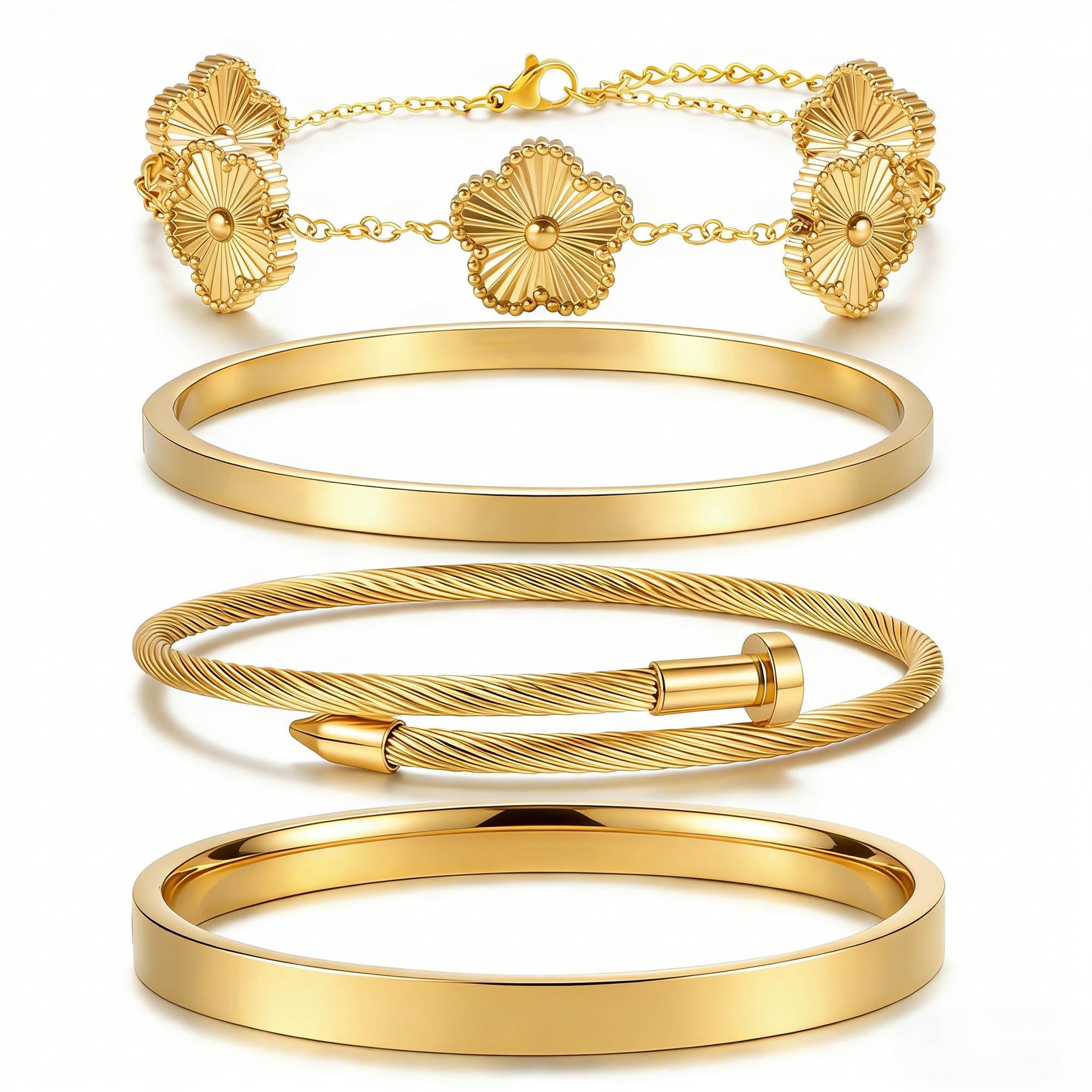 ISELBDR 18K Gold Bangle Bracelets for Women - Stackable Clover & Nail Love Bangle Set - Non-Tarnish Jewelry for Birthday Valentine's, Mother's Day & Christmas (Gold-A)