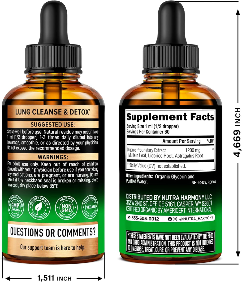 Mullein Drops for Lungs - USDA Organic Liquid - Mullein Leaf Extract Supplement - Made in USA - Lung & Bronchial Cleanse for Smokers - Respiratory Health Support - As Tincture, Tea, Pills - Pack of 2